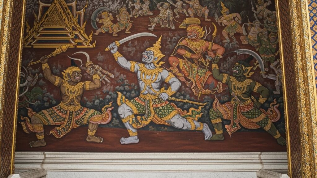 Ramayana Abroad – Thai version Ramakien mural of epic battle
