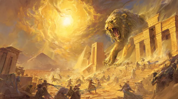The lion-headed goddess Sekhmet raging through an ancient Egyptian landscape as people flee, with the sun god Ra observing.