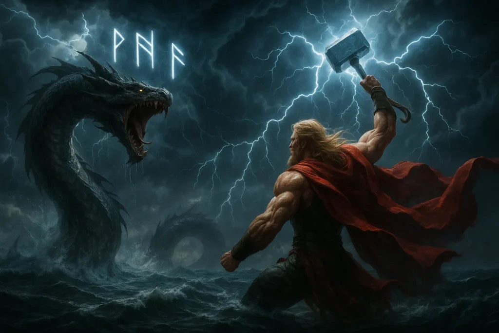 Norse god Thor striking the giant Midgard serpent Jörmungandr during a storm