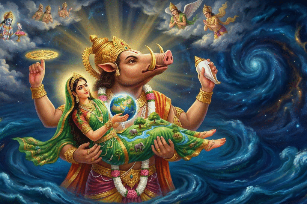 Sacred Ecology – Varaha rescuing Earth goddess Bhumi from chaos
