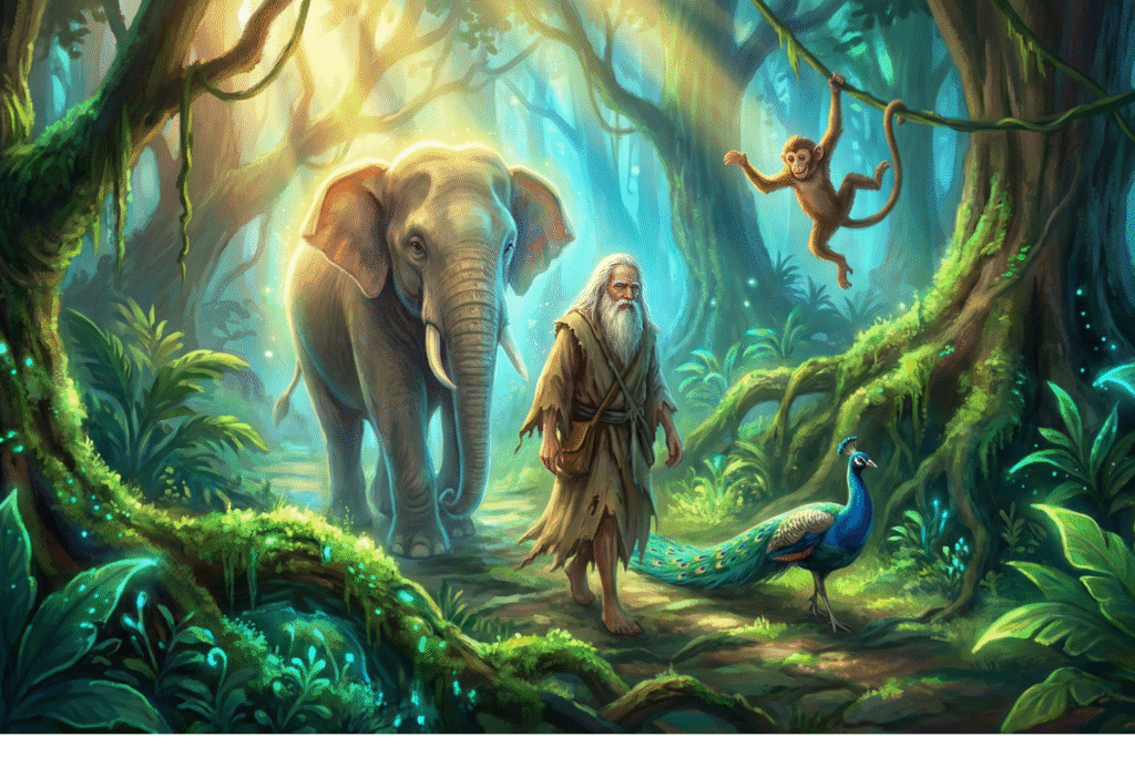 Sacred Ecology – animals guiding sage through forest path