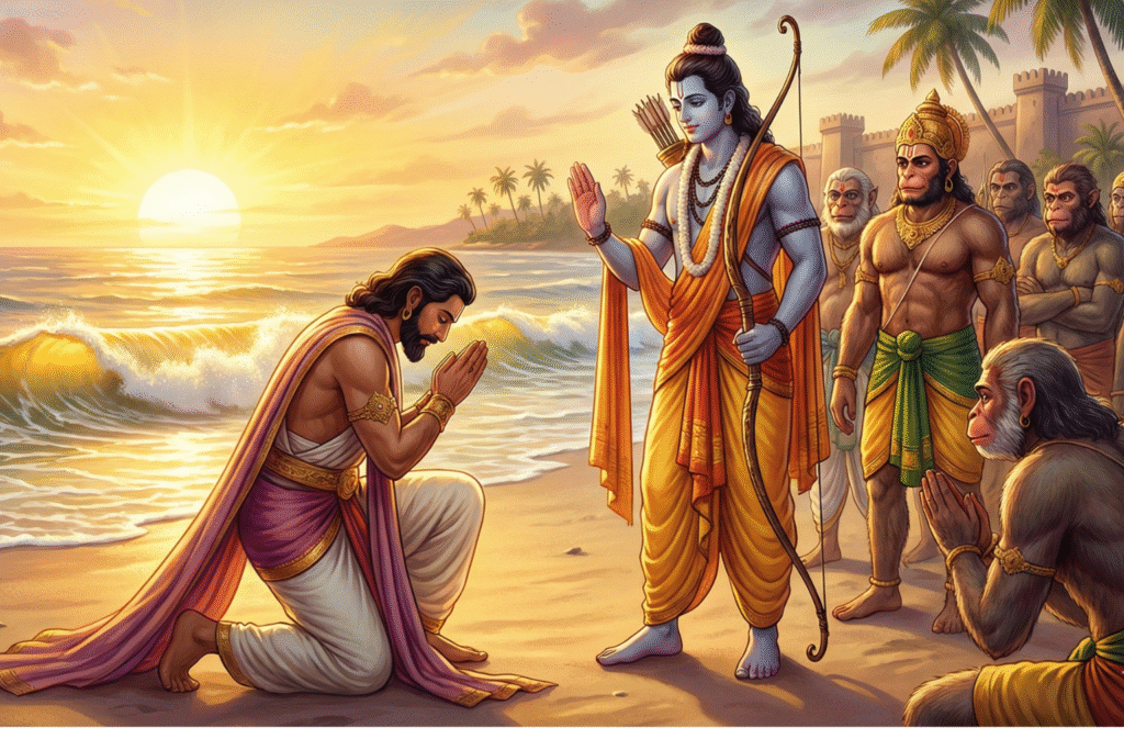Redeemed demons – Vibhishana kneels before Rama for dharma