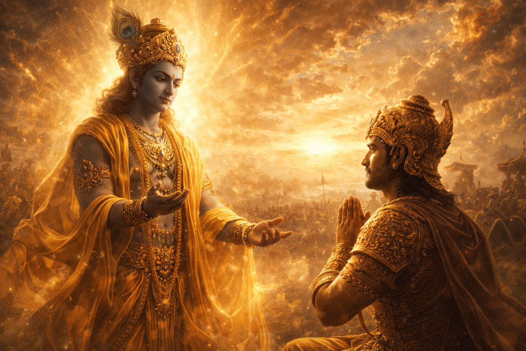 Krishna explaining karma and duty to Arjuna in the Bhagavad Gita