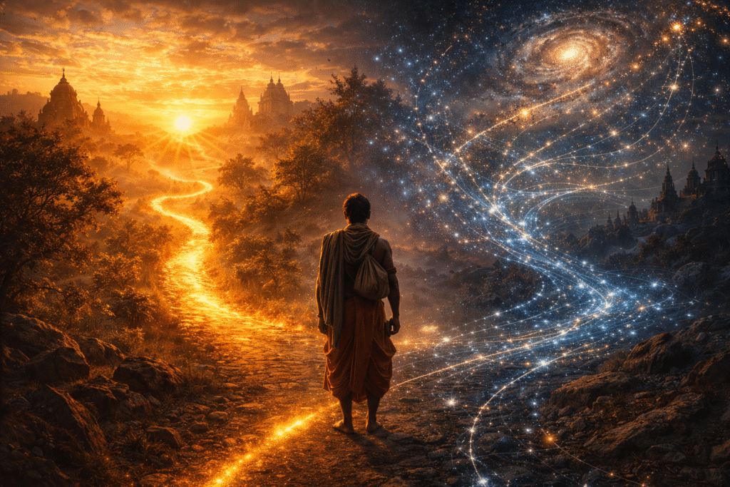 Symbolic crossroads representing karma vs destiny in Hindu philosophy