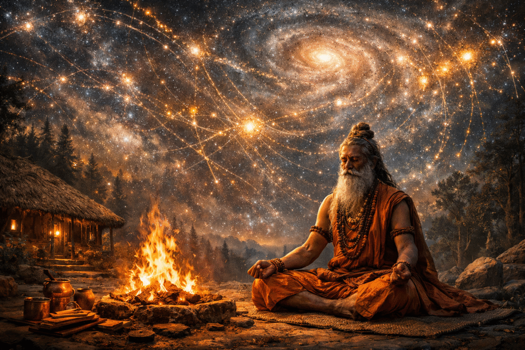 Karma vs destiny concept in Vedic philosophy with sage meditating under cosmic sky